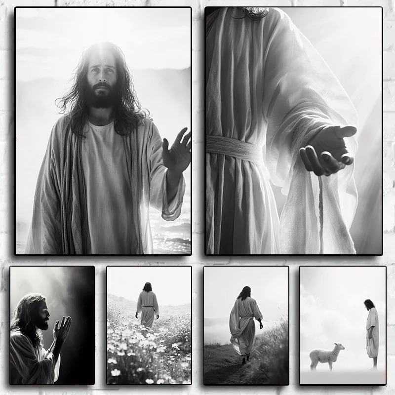 Home Decor Jesus - Schwarz-Weißes Jesus-Glaubenskreuz auf einem Hügel Poster