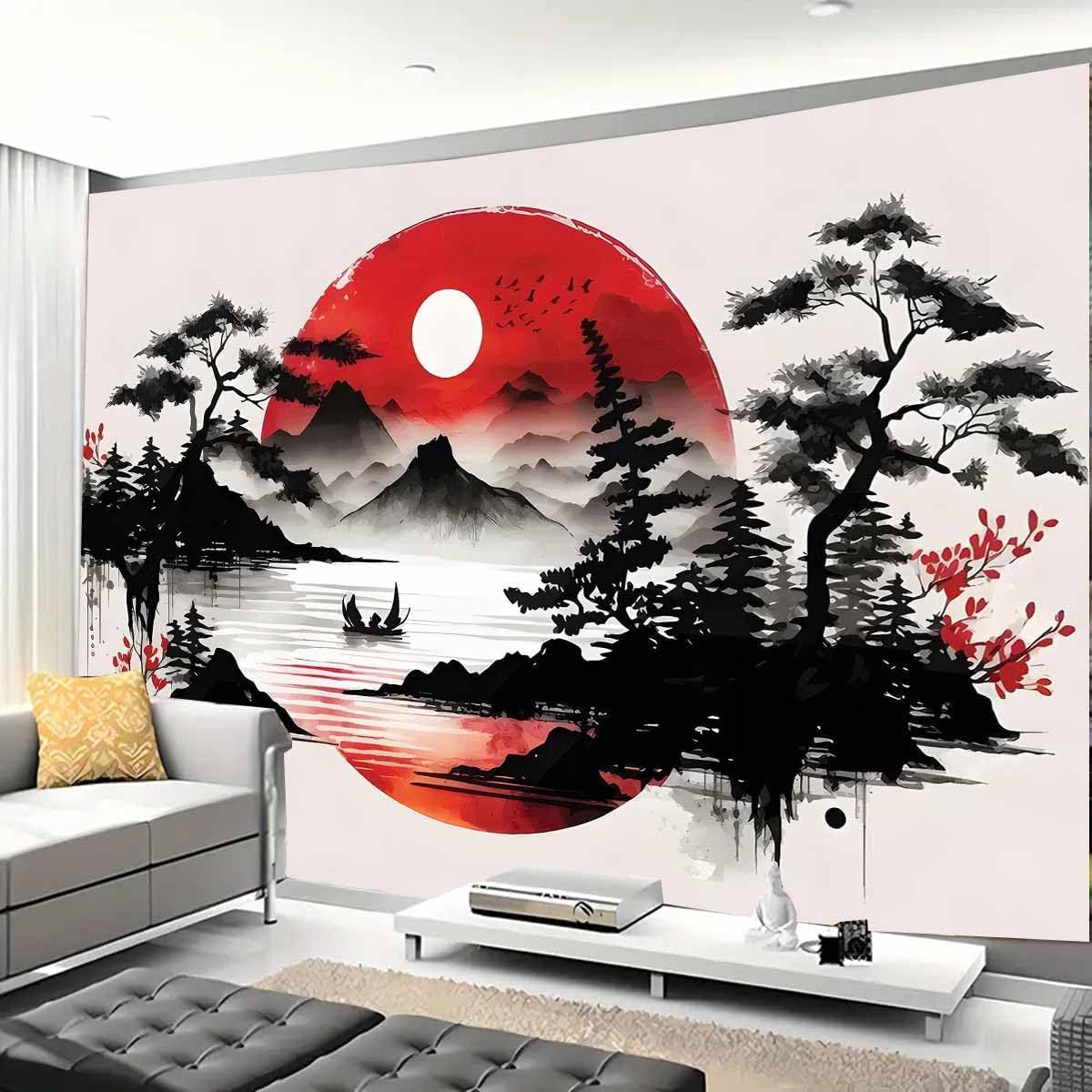 Home Decor Zen Style - Japanische Berglandschaft Wandteppich Asiatischer Zen-Stil Sonnen-Bambus-Druck