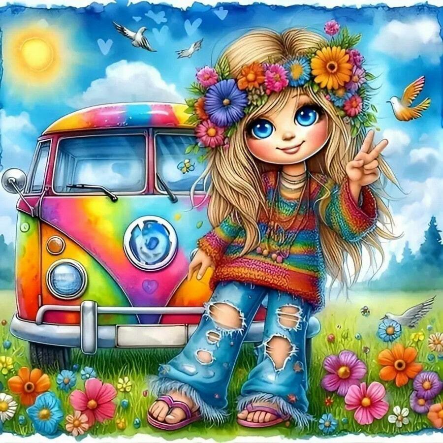 Home Decor Hippie - Hippie-Mädchen mit Regenbogen-Van im Blumenfeld 5D