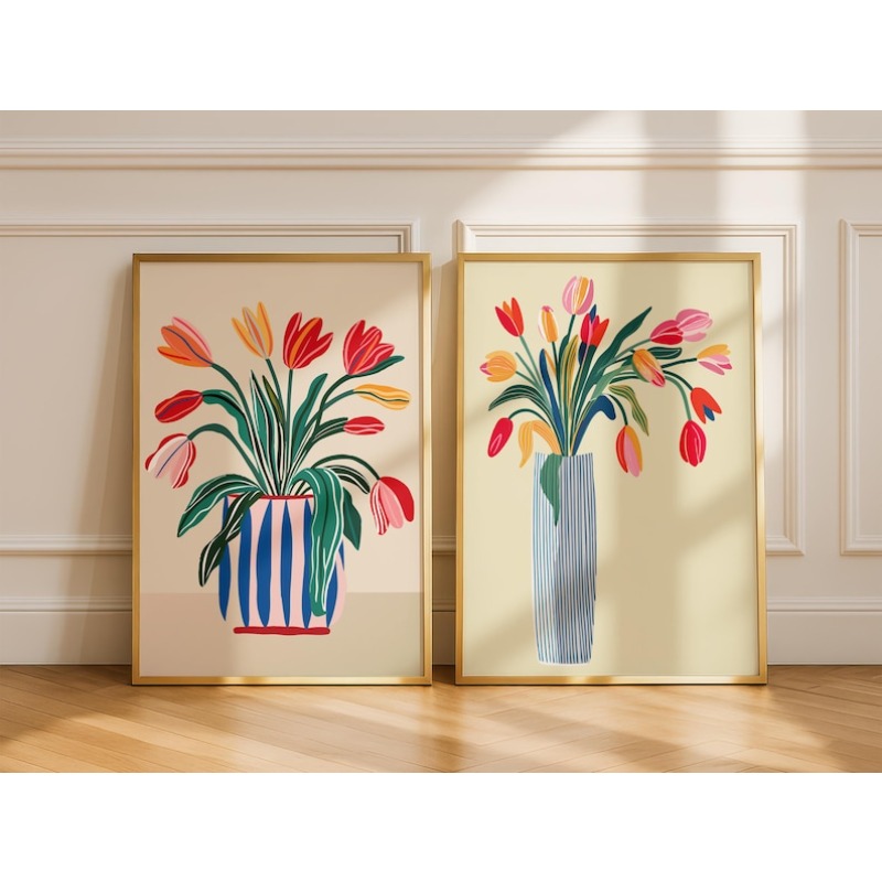 Home Decor Trends - 2 Stück Tulpenblumen-Leinwand-Wandkunst, ungerahmte moderne Blumenvasen-Drucke,
