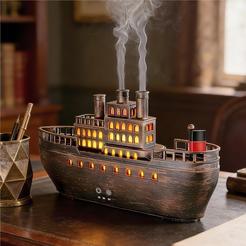 Home Decor Outlet - Retro-Dampfschiff Ultraschall-Aroma-Diffusor mit Doppel-Nebelauslass, Warmlicht, Heim-Desktop-Luftbefeuchter,